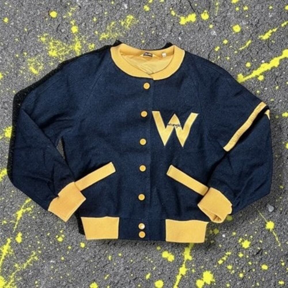 Vintage Wrangler Women's Navy Yellow Varsity Bomber Jacket Retro Size S